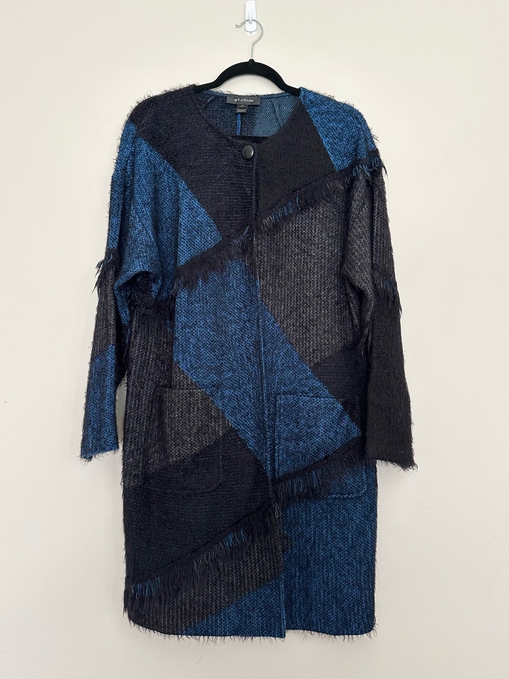 St. John Wool Blend Knit Cardigan Jacket Blue Black Size M Fringe Geometric